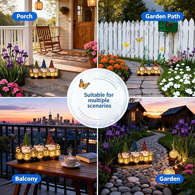 Garden Gnomes Solar Powered Welcome Statue, Outdoor Patio Yard Decor, Waterproof Resin Garden Figurines, Gift for Mother's Day for Mom Grandma, Spring Gardening Gift for Women Grandkids