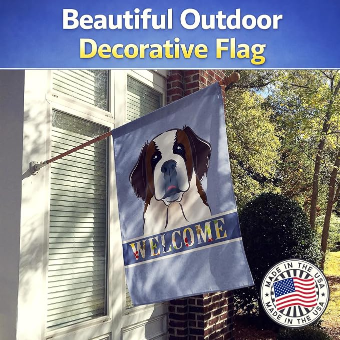 Caroline's Treasures BB1432CHF Saint Bernard Welcome House Flag, Blue Large Porch Sleeve Pole Decorative Outside Yard Banner Artwork Wall Hanging, Polyester, House Size, Multicolor