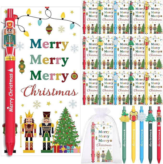 Marspark 30 Set Merry Christmas Gifts Bulk Christmas Ballpoint Pens and Greeting Cards Set with Bag Twist Ties for Employee Coworker Teacher Student School Office Home Party Favor