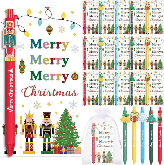 Marspark 30 Set Merry Christmas Gifts Bulk Christmas Ballpoint Pens and Greeting Cards Set with Bag Twist Ties for Employee Coworker Teacher Student School Office Home Party Favor