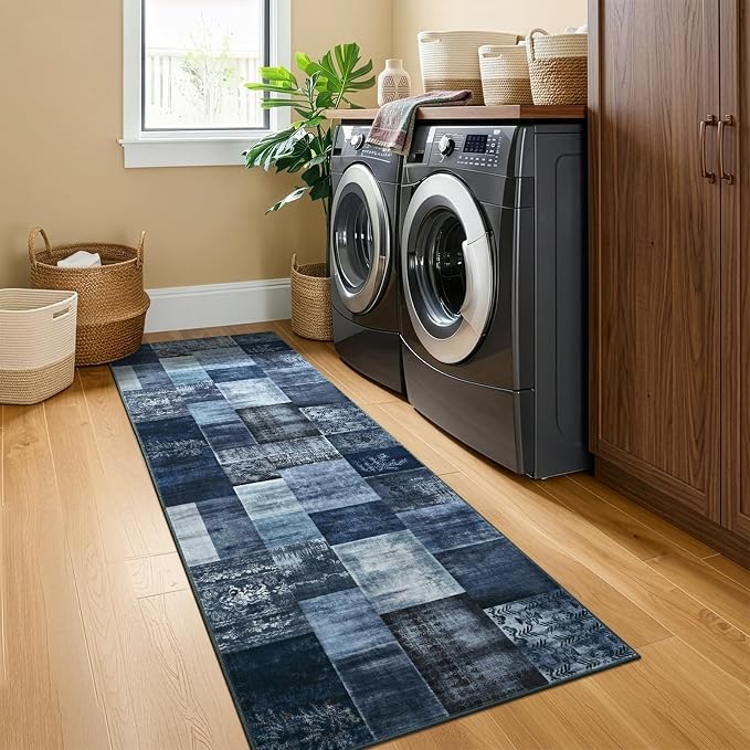 Runner Rug for for Hallways, 2'x6' Washable Kitchen Rugs with Non Slip Rubber Backing, Soft Low Pile Non-Shedding Geometric Carpet for Laundry Bedroom Bathroom, Navy Blue