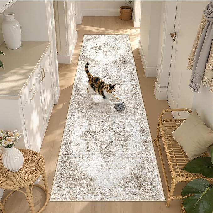 Runner Rug 2x8 Washable Rug, Vintage Boho Medallion Hallway Runner Non-Slip Soft Low Pile Distressed Floor Carpet Retro Doormat for Kitchen Bedroom Laundry Entryway Bathroom (Taupe, 2'x8')
