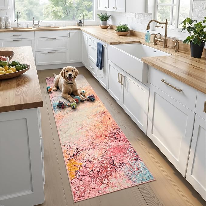 Toneed Washable 2x6 Non-Slip Abstract Runner Rug for Hallway Kitchen | Soft Modern Low Pile Area Rugs for Bedroom Laundry Living room,Indoor Carpet for Bedside Home Decor, Galaxy Pink