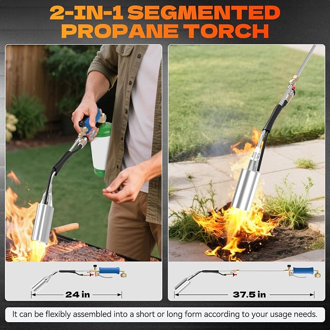 Propane Torch Weed Burner with 11.5FT Hose, Weed Torch with Self Igniter Turbo Trigger, Heavy Duty Flame Weeder for Weeding, Roofing, BBQ, Blue