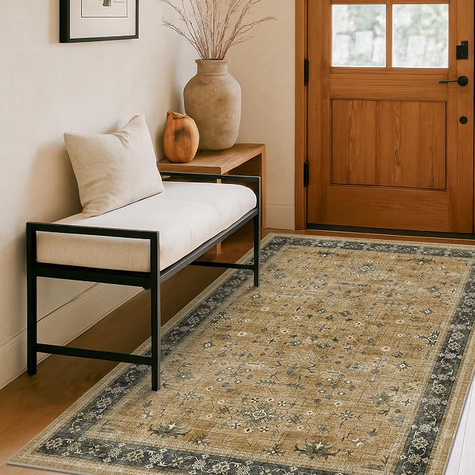 Boho Earth 4x6 Large Entryway Rug - Washable Rustic Brown and Charcoal Olive Mudroom Area Rug, Modern Vintage Kitchen Floor Carpet, Low Pile Non-Slip Carpet for Door Mat Indoor Entrance