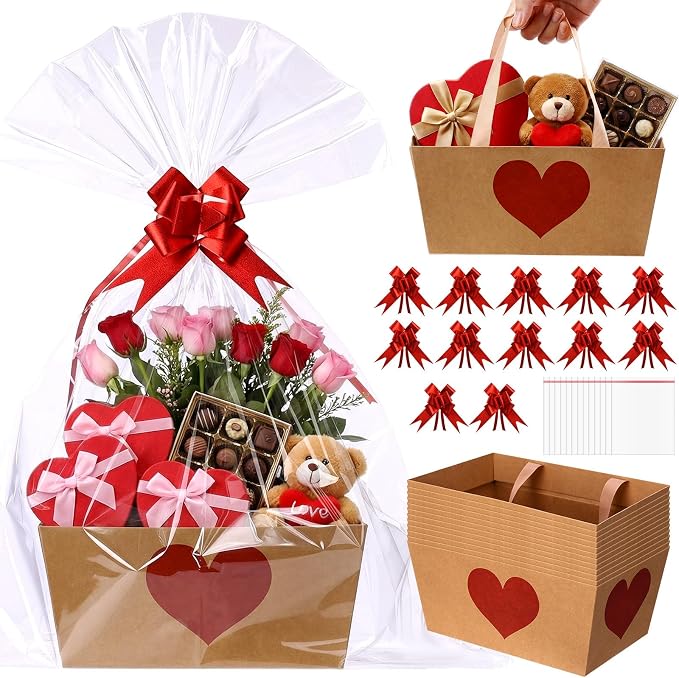 Qinyoung 12 Pcs Red Heart Kraft Baskets for Gifts Empty Red Heart Gift Basket with Handles, Pull Bows, Cellophane Bags and Twist Ties for Teacher Summer Xmas Wedding Party Favor Supplies, 9.8 x 6.5''