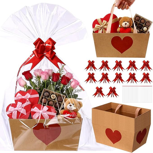 Qinyoung 12 Pcs Red Heart Kraft Baskets for Gifts Empty Red Heart Gift Basket with Handles, Pull Bows, Cellophane Bags and Twist Ties for Teacher Summer Xmas Wedding Party Favor Supplies, 9.8 x 6.5''