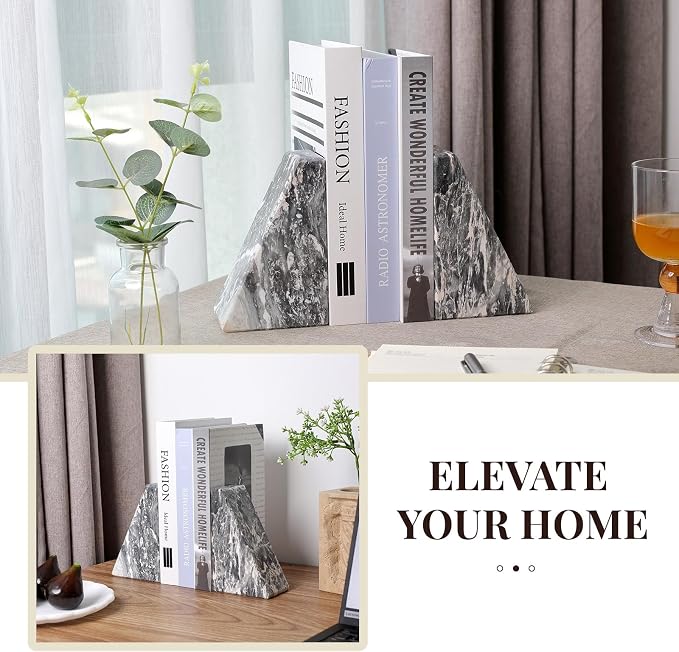 Koville Marble Bookends for Shelves, Large Bookends for Heavy Books, Natural Stone Book Stopper for Books CD Movies, Aesthetic Decorative Book Ends (Grey)