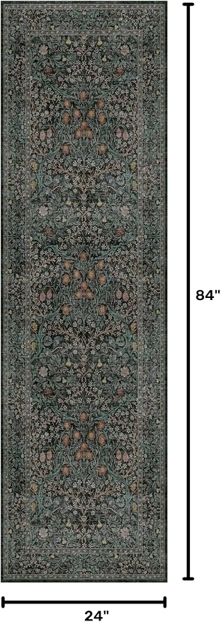 Dark Green 2x7 Long Washable Runner Rug Non Slip, Throw Rugs Runners for Kitchen Hallways Entryway Bathroom Laundry Room, Floor Mat Vintage Floral Carpet Low Pile Stain Resistant