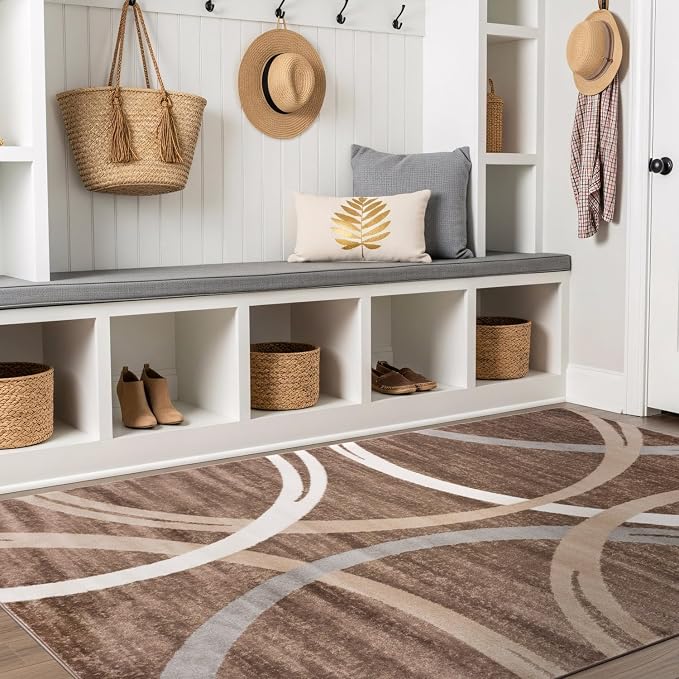 Rugshop Wavy Circles Modern Fade-Resistant Area Rug Brown 5'3" x 7'3" | Rectangular, Size 5'3" x 7'3", Living Room, Bedroom, Dining Room, Home Office, Kitchen, Entryway, Hallway, Nursery, Kids Room