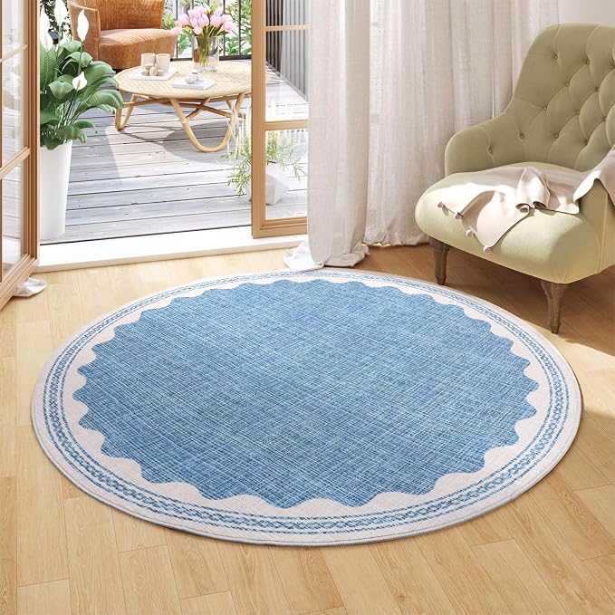 GarveeHome Scalloped Blue 4ft Round Rug Washable Non-Slip Soft Ultra-Thin Small Circle Modern Cottage Core Solid Tan Carpet for Entryway Kitchen Bedroom Nursery Dining Room