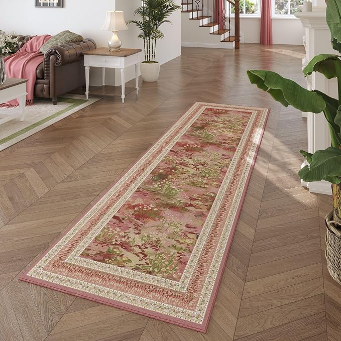 Rugcomf 2x6 Runner Rug Impressionist-Style Vintage Kitchen Rugs Non Slip Washable Soft Carpet Runner for Kitchen Laundry Bedroom Bathroom, Pink