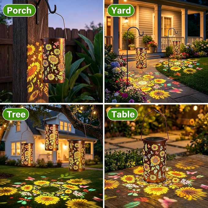 2 Pack Upgraded Colorful Sunflower Solar Lanterns Outdoor Waterproof, Decorative Metal Hanging Solar Lantern for Patio Porch Courtyard Tabletop Pathway Garden Decor, Ideal Gifts for Mom Wife Grandma