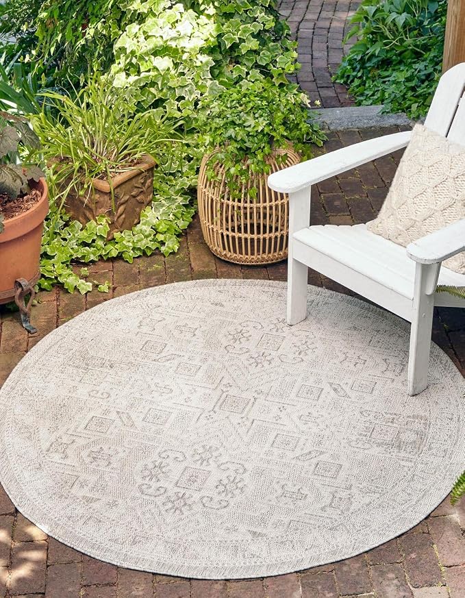Unique Loom Outdoor Aztec Collection Area Rug - Coba (3' 3" Round, Light Gray/ Ivory)