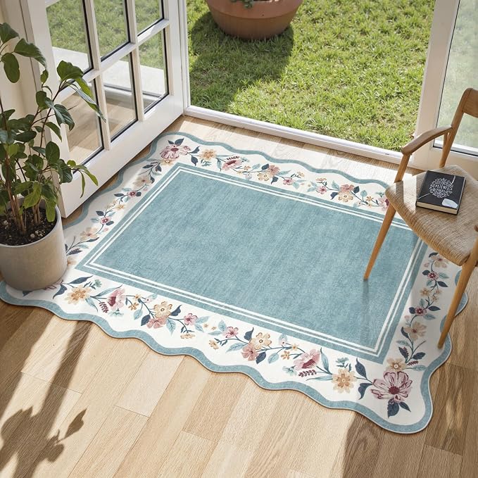 Lahome Floral Blue Kitchen Rug 2x3, Small Scalloped Entryway Rug | Non Slip Washable Rug, Ultra-Thin Front Door Rug for Entrance, Boho Stain Resistant Throw for Bathroom Bedroom Ariele (Blue)