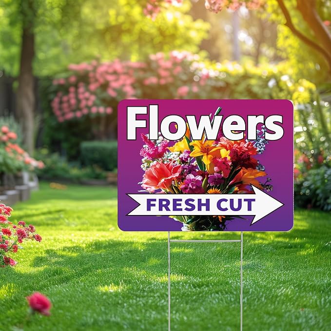 Pinkunn 3 Pack 16 x 12 Inch Fresh Cut Flower Yard Signs with Stakes Double Sided Weatherproof Garden Signs for Shops, Markets Events