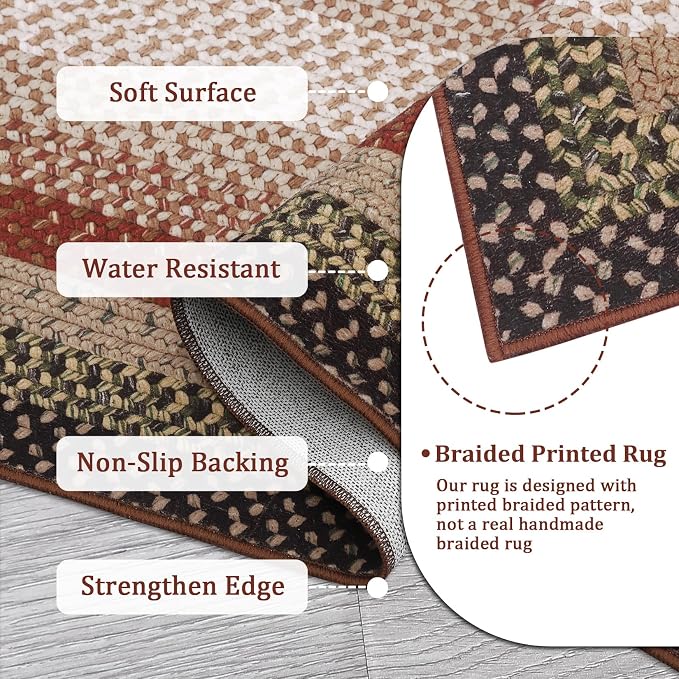 RUGSREAL Washable 2x10 Long Hallway Runner Rugs Braided Print Rug Non Slip | Farmhouse Kitchen Carpet Low Pile Rustic Accent Area Rugs for Living Room Bedroom Bathroom, Crimson/Earthy