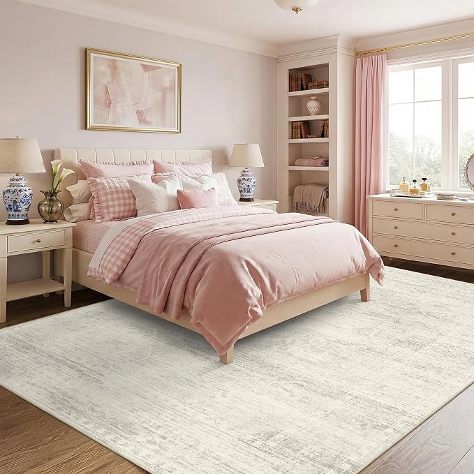 Latte&Fog Washable 8x10 Area Rugs for Living Room Netural Ivory Rugs Large | for Bedroom Dining Kitchen Kids Playroom Nursery Classroom Dorm Farmhouse Office, Non Slip Low Pile Soft Floral Carpet Indoor