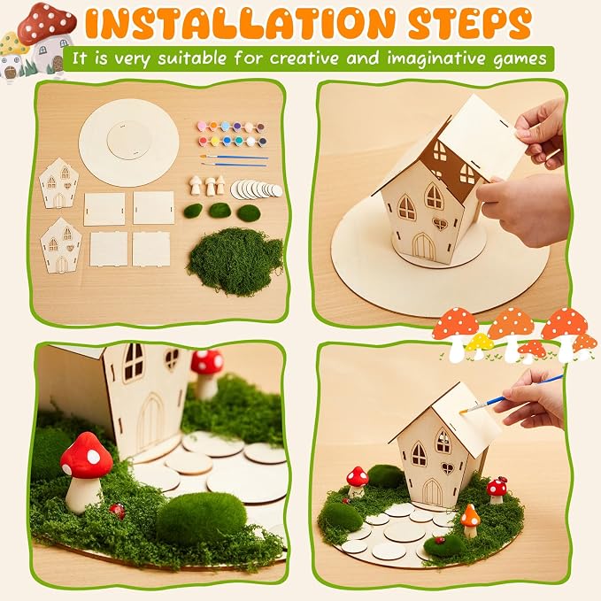 Kathfly 10 Sets Wooden Fairy House DIY Craft Kit for Kids with Paints & Decorations, Unpainted Miniature Garden Accessories for Home Event Party Decorations, Arts Birthday Party Favor (Fairy House)