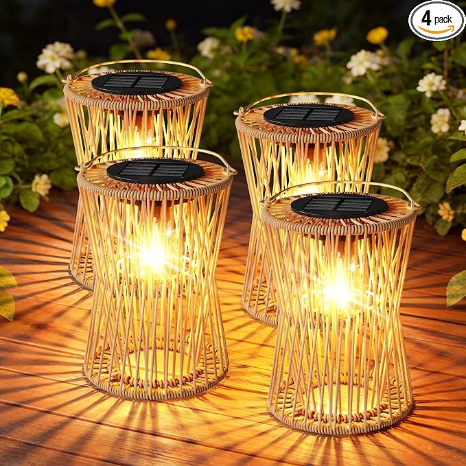 Solar Lanterns Outdoor Waterproof 4 Pack, Upgraded Rattan Hanging Solar Lights for Outside with Handle, Bright Auto On/Off Decorative Outdoor Lanterns for Patio Garden Yard Porch, Gifts for Mom