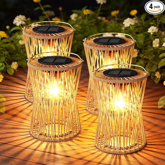Solar Lanterns Outdoor Waterproof 4 Pack, Upgraded Rattan Hanging Solar Lights for Outside with Handle, Bright Auto On/Off Decorative Outdoor Lanterns for Patio Garden Yard Porch, Gifts for Mom