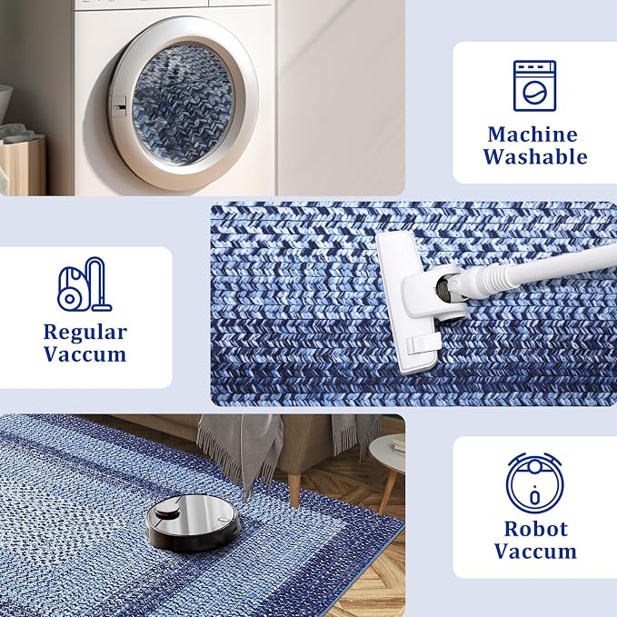 RUGSREAL Large Bedroom Rug 6x9 Washable Braided Print Living Room Rugs | Non Slip Low Pile Farmhouse Rustic Carpet Geometric Bordered Braided Carpet for Nursery Kitchen Home Office, Navy