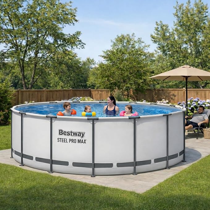 Bestway Steel Pro MAX 15' x 48" Above Ground Swimming Pool Set with Pump | Durable Round Metal Frame Outdoor Backyard Pool, Puncture-Resistant Liner - Ladder and Cover Included, Gray