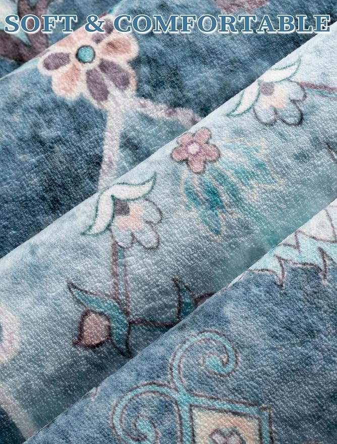 SERISSA 2'6"x8' Washable Non Slip Boho Runner Rug for Hallway | Ultra Soft Vintage Oriental Carpet Low-Pile Distressed Blue Floor Carpet for Kitchen Bedroom Bathroom Laundry Room