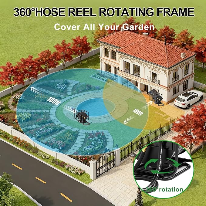 SPECILITE Metal Garden Hose Reel With 100 Ft Hose, 900PSI Burst, Heavy Duty UV Resistant Wall Mount/Freestanding Spool with Nozzle, Brass Fittings, 360° Rotation Frame for Yard