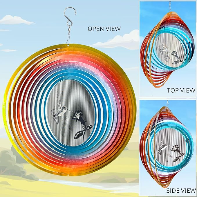 Aoedelyart 3D Animations Hummingbird Wind Spinner for Yard and Garden,12In Metal Wind Spinners Hummingbird Gift for Women Mom Grandma Wife,Outdoor Garden Decor Hanging Kinetic Yard Art Wind Sculpture
