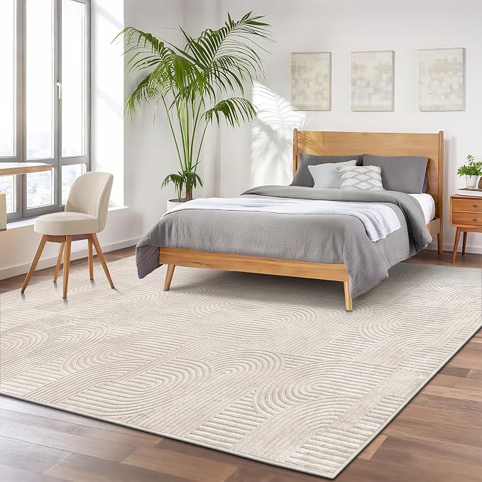 Pauwer 9x12 Area Rugs for Living Room, Modern Non Slip Washable Rug, Beige | Arch Pattern, Soft Fluffy, Neutral, Boho Accent, Solid Color Floor Carpet, For Kids Room Dining Room Nursery Entryway