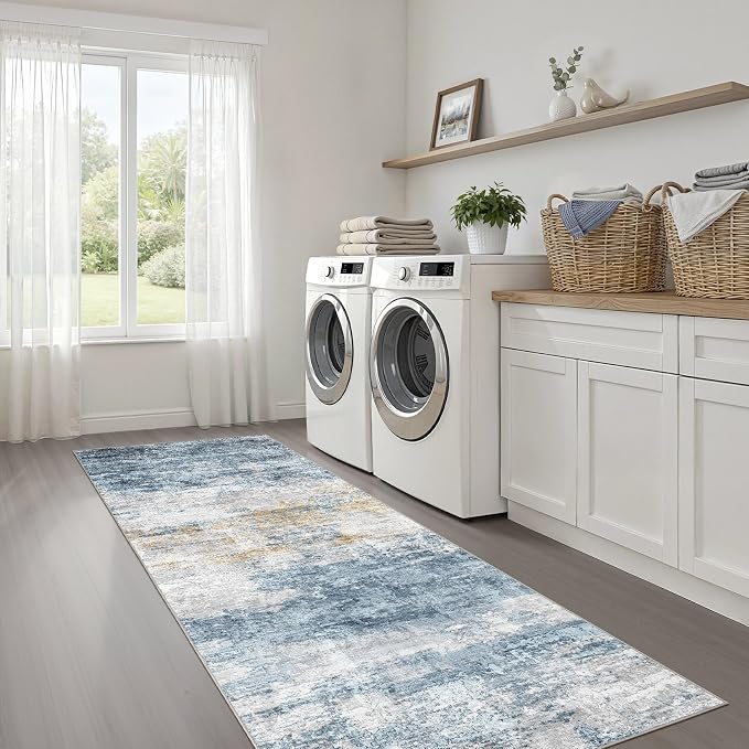 LOONGRUG Runner Rug 2x6 Machine Washable Non-Slip Kitchen Rug Blue Gold | Neutral Abstract Modern Soft Stain Resistant Indoor Accent Throw Carpet for Hallway Bathroom Laundry Room Bedroom Entryway