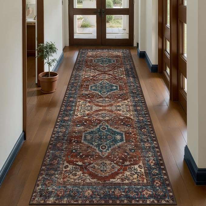 Tangsoo Vintage 2.6x10 Washable Hallway Runner Rug, Non Slip Runner Rug | Oriental Soft Low Pile Long Rug Runner, Boho Print Carpet Runners for Hallway Kitchen Bedroom Entryway Living Room Rust/Blue