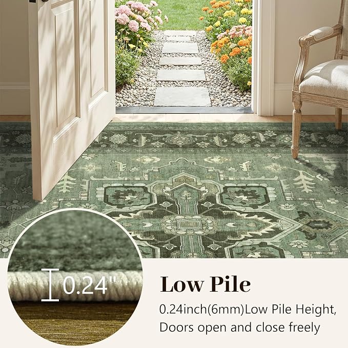 5x7 Ft Area Rugs for Living Room, Soft Non-Slip Machine Washable Rug, Vintage Stain Resistant Carpets for Bedroom Nursery Dining Room Home Decor (Green)