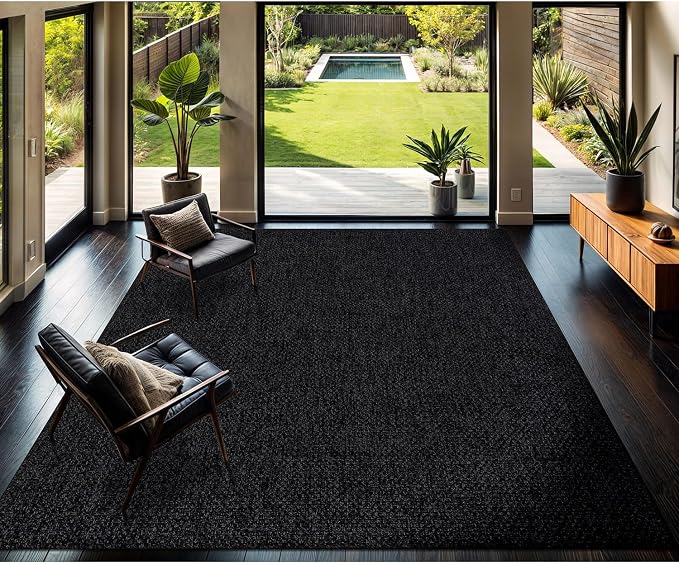 CAMILSON Easy Jute Rug 9x12,Indoor Outdoor Dark Gray Black Farmhouse Area Rugs for Living Room Patio and Kitchen Rug Solid Boho Woven Design Easy-Cleaning Washable Outside Carpet Alfombras (9 x 12)