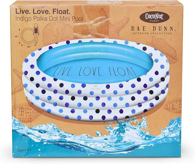 Rae Dunn x CocoNut Float Indigo Polka Dot Mini Pool, Live Love Float | Suitable uses include sunny gatherings, backyard recreation, vacation activities, playful relaxation, family entertainment