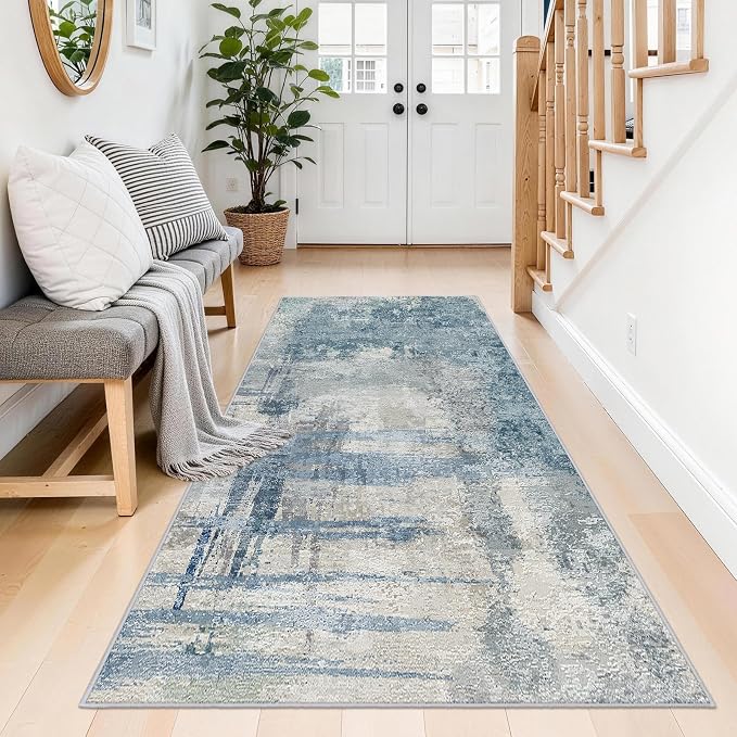 Blue Abstract 3x6 Washable Rug:Non Slip Hallway Runner Rug | Modern Soft Low Pile Neutral Carpet, Perfect for Kitchen, Entryway, Bedroom and Laundry Room
