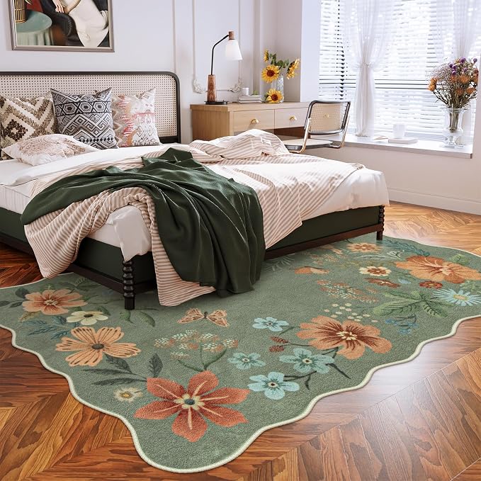Lahome Floral Living Room Rugs, Area Rugs 5x7 Rug for Bedroom Ultra-Thin Soft Rug, Non-Slip Washable Rugs Stain Resistant Boho Rug Flore Throw Rug for ‎Dining Room Office (5x7ft,Green)