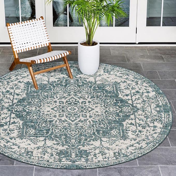 Jill Zarin Jill Zarin Outdoor Collection Area Rug - Dubai (10' 8" Round, Teal/Ivory)