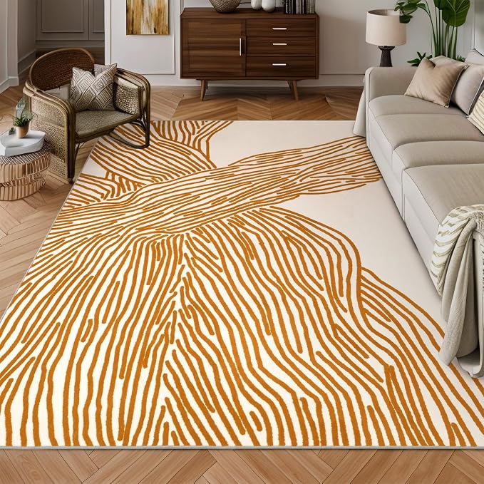 Orange Rug for Living Room, 8×10 Modern Abstract Area Rug, Geometric Contemporary Wave Striped Rugs for Playroom Nursery, Washable Nonslip Large Rug for Bedroom Dining Room