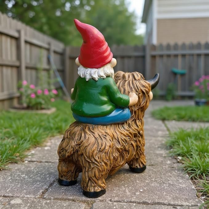 Meditating Garden Gnome on Highland Cow Outdoor Statue | Waterproof Resin, Yard Art Figurine, Funny Lawn Ornaments, Patio Decor
