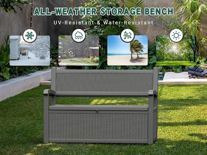 80 Gallon Outdoor Storage Bench, Resin Patio Storage Bench with Armrest, Lockable Deck Boxes Outdoor Waterproof and UV Resistant for Patio Cushions, Garden Tools and Pool Supplies, Grey