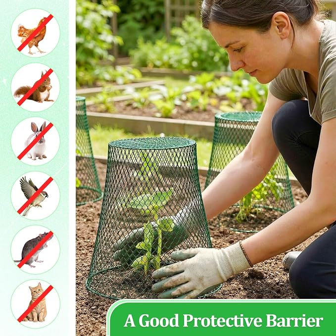 Therwen 15 Pcs Large Plant Wire Cloche 11 x 12 Inch Metal Garden Cloche with Garden Stakes Plant Protector from Animals for Keeping Bunnies Chicken Squirrels Birds (Green)
