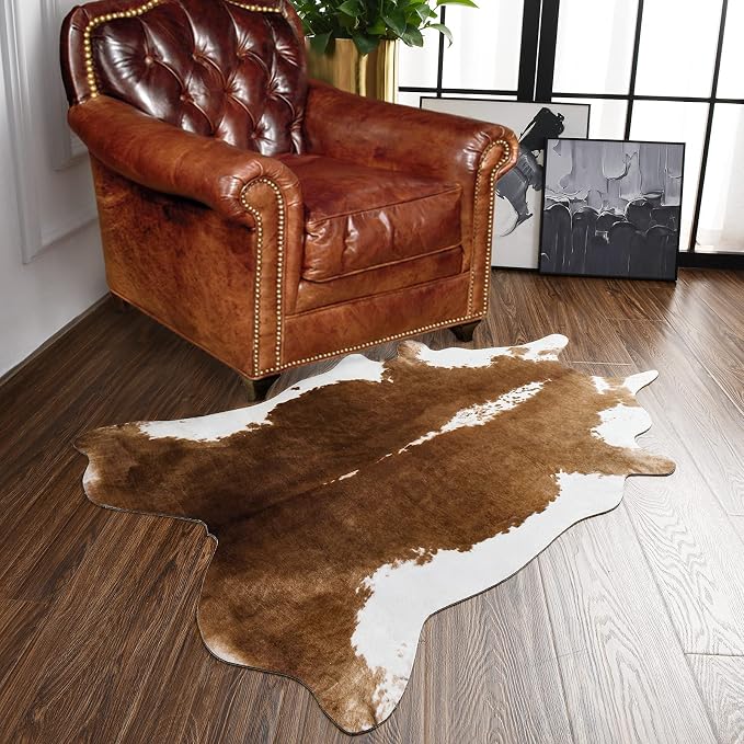 BENRON Small Faux Cowhide Rug, Cow Print Rug for Kitchen Hallyway 2.3x3.6ft | Western cow hide rug for Home Decor, Washable Rugs with Irregular Animal Skins and Hides, Non Slip, Khaki Brown