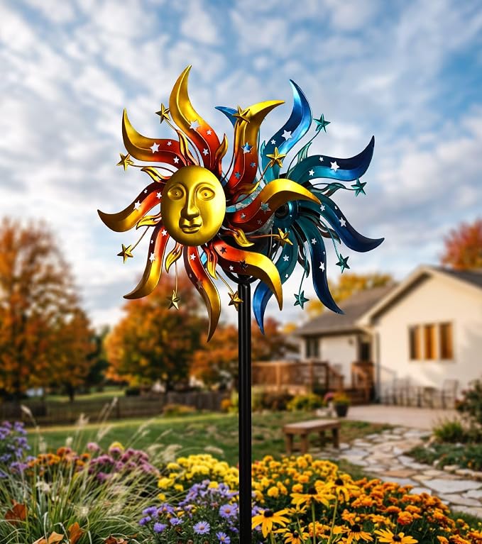 Solar Wind Spinner Metal Sun God Kinetic LED Garden Yard Art Decor | Hand-Crafted Art, Mythic sun god metal spinner, Auto-glow solar crackle ball, Stable 5-prong stake