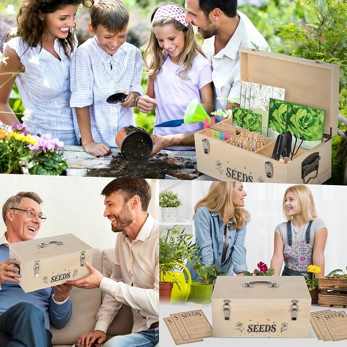 13.1”×7.7”×6” Wood Seed Storage Box 60pcs Seed Envelopes Fluorescent Index Tabs Seed Saving Organizer Box with Removable Dividers Safety Lock Side Handles Top Handle Gifts for Gardener Friends
