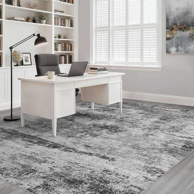 LOONGRUG 9x12 Area Rug Washable Neutral Modern Living Room Rug Black Gray | Abstract Soft Stain Resistant Indoor Non-Slip Carpet for Bedroom Nursery Kids Office Playroom Dining Room