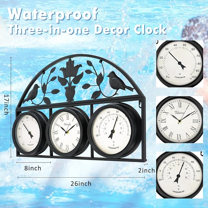 26Inch Large Outdoor Clock,Waterproof Wall Clock with Thermometer and Hygrometer Combo,Weatherproof Non-Ticking Battery Operated Decor Clock for Patio,Garden,Pool,Porch,House Warming Gifts