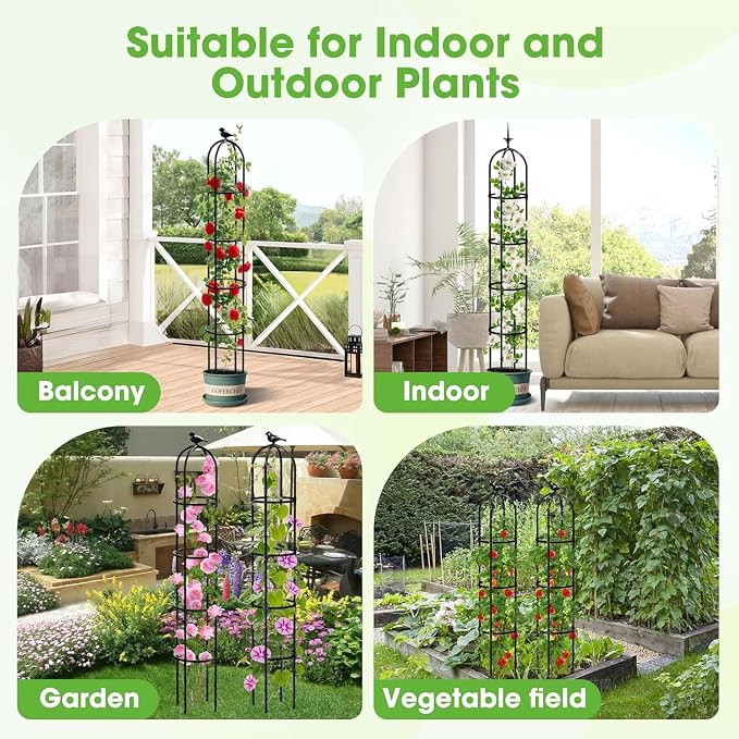 2 Pack Garden Obelisk Trellis for Climbing Plants Outdoor, 6.2 FT Tomato Cage, Rose, Flowers, Grape, Pea, Cucumber Trellis, Rustproof Plastic Coated Metal Plant Support Trellis for Potted Plants