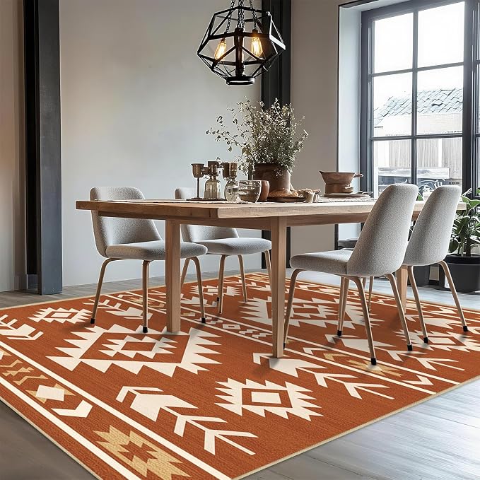 Area Rug 6x9 Western Rug Living Room Southwestern Aztec Tribal Rugs Southwest Navajo Machine Washable Non-Slip Printed Low-Pile Floor Carpet for Bedroom Dining Room Office, Yellow Brown